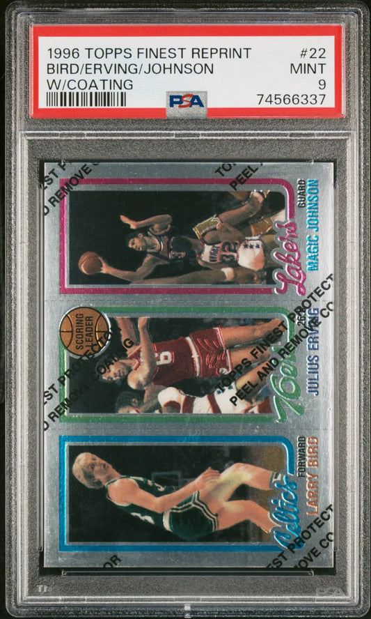 PSA graded 1996 Topps Finest Reprint card featuring Larry Bird, Julius Erving, Magic Johnson