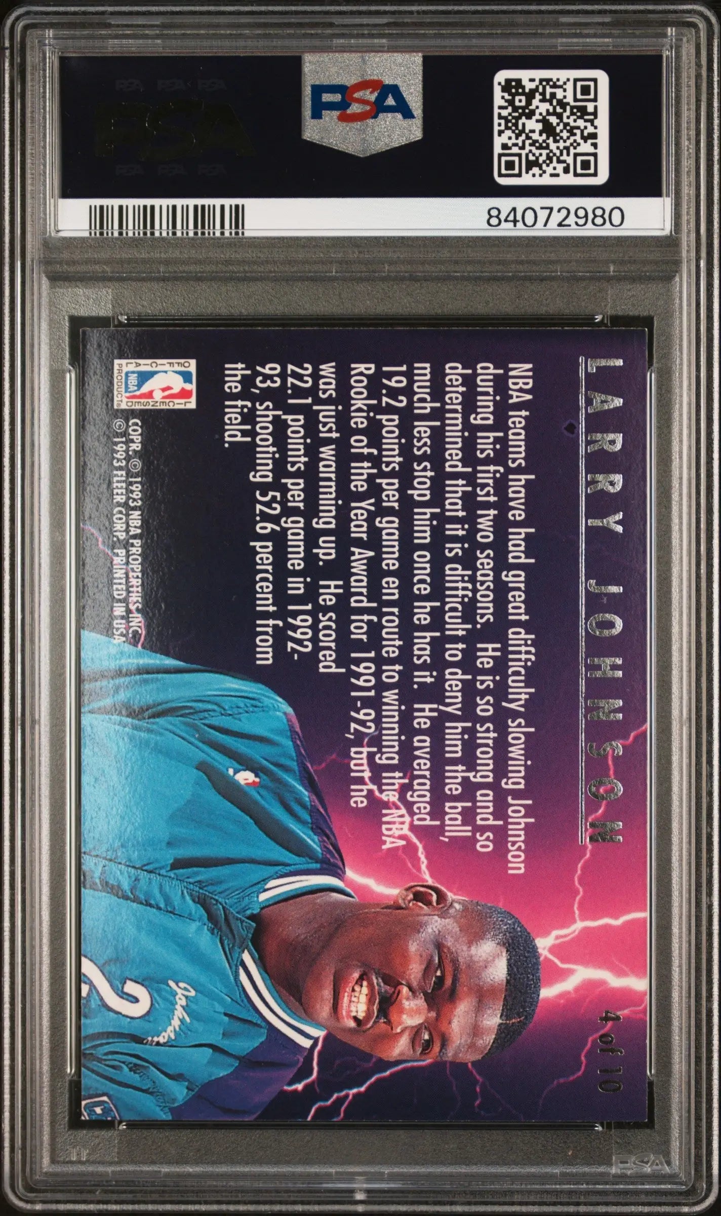 Larry Johnson 1993 Fleer Ultra Scoring Kings #4 PSA 9 Mint card with pink and blue colors