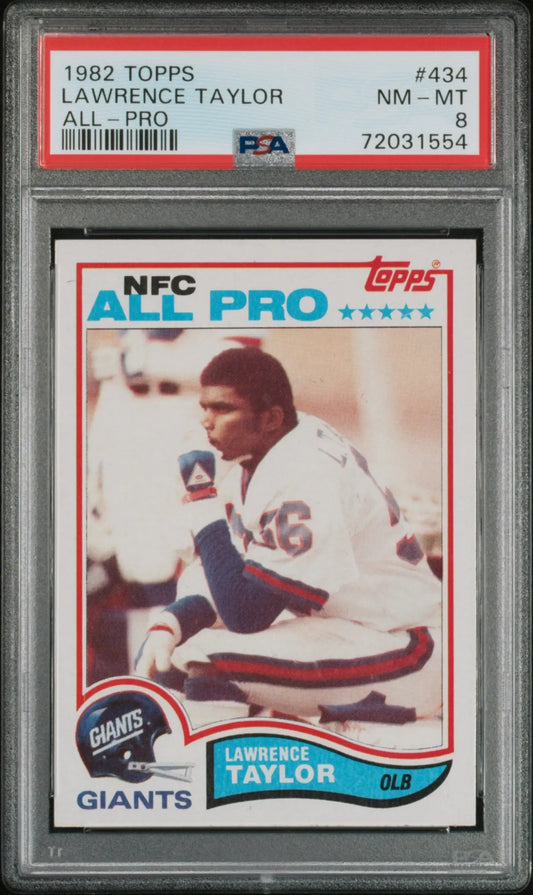 PSA-graded Lawrence Taylor 1982 Topps #434 football card in protective holder