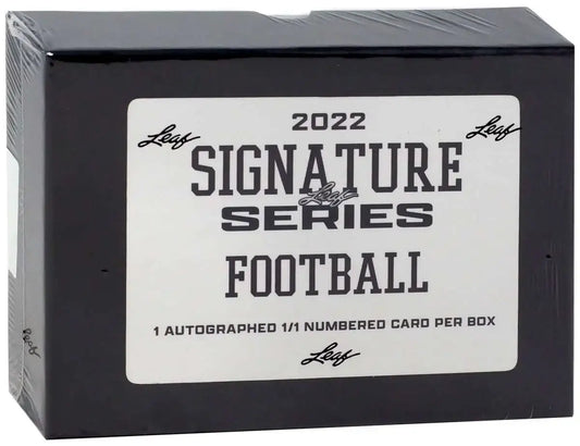 Black box with 2022 Leaf Signature Series Football trading cards for collectors