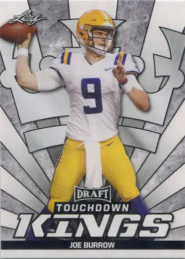 Joe Burrow throwing a pass in white jersey and yellow pants on Leaf Draft Football base card