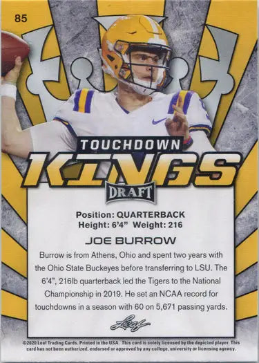 Football trading card of Joe Burrow in a white jersey, Leaf Draft Base Card 85