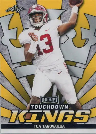 Football player in white uniform throwing pass for Leaf Draft Football trading card