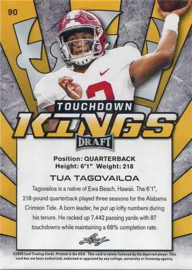 Football trading card of Tua Tagovailoa celebrating a touchdown in a white uniform