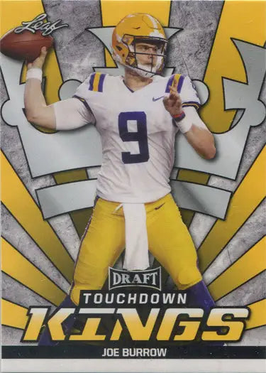 Football trading card of Joe Burrow in gold parallel base uniform throwing a pass