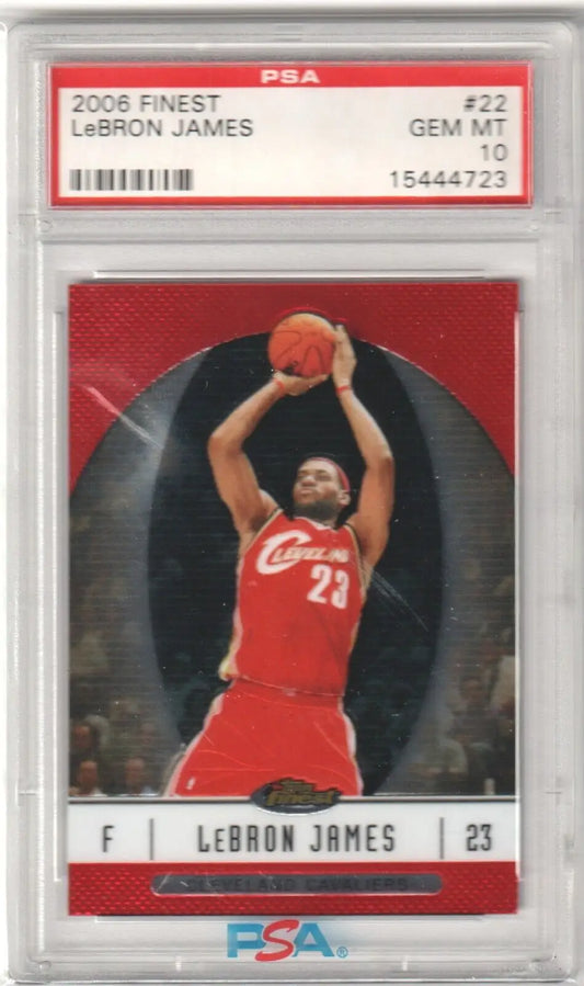 PSA-graded 2005 Finest basketball card of LeBron James in red Cavaliers jersey from Columbia Hobby