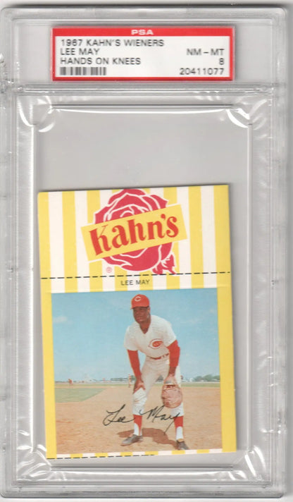 PSA-graded Kahn’s Wieners trading card of Cincinnati Reds player in fielding position