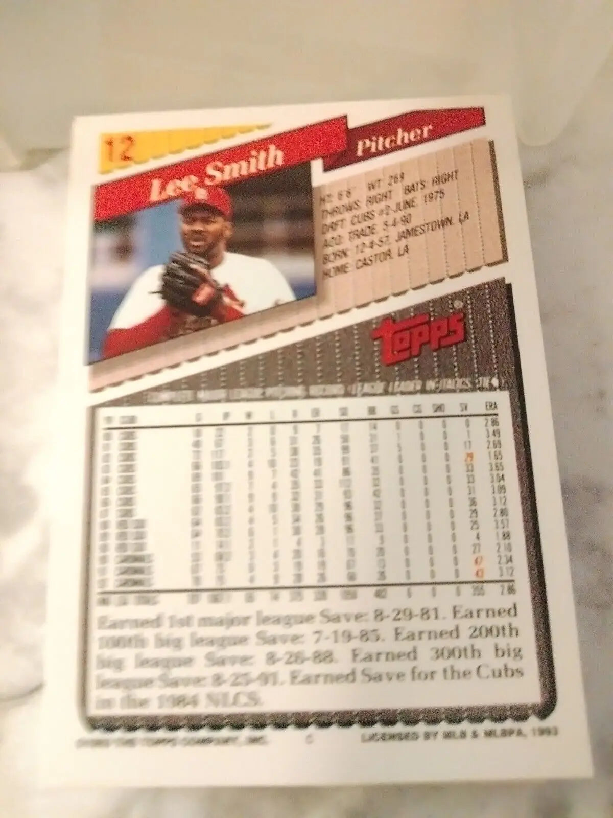 Lee Smith 1993 Topps #12 Cardinals baseball card for sports trading collectors