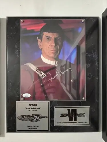 Framed Leonard Nimoy signed autographed Star Trek memorabilia display with plaques