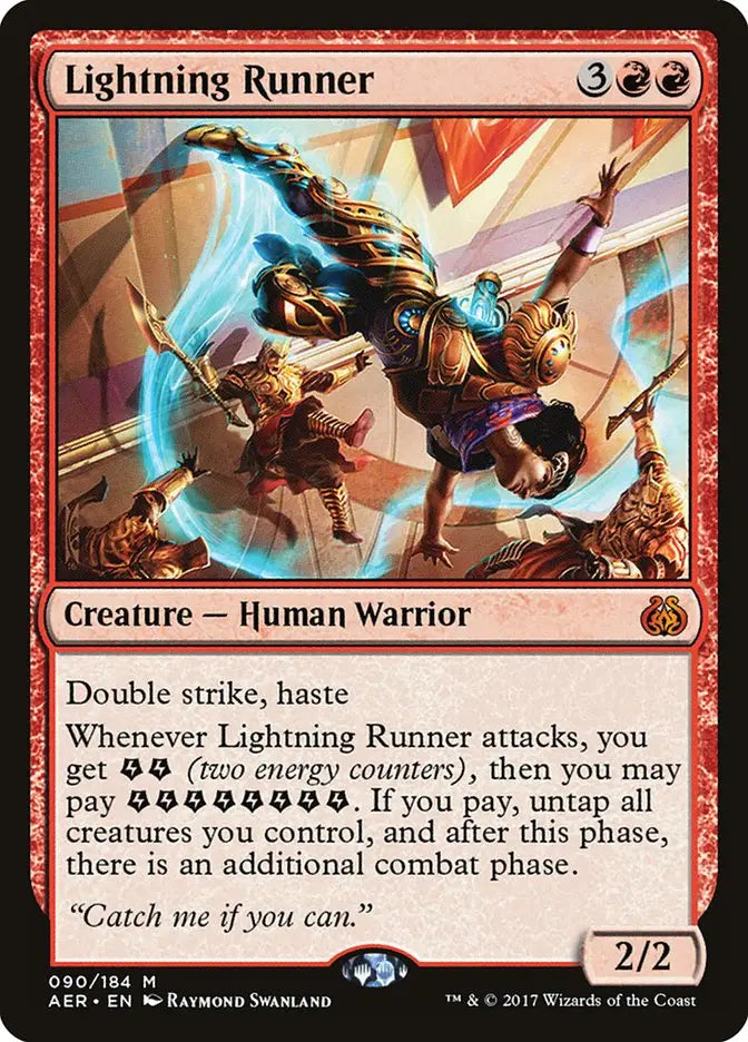 Red-armored warrior leaping with lightning blades from Aether Revolt Lightning Runner trading cards