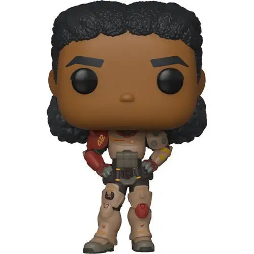 Funko Pop Izzy Hawthorne toy in tan combat gear with red accents and curly black hair