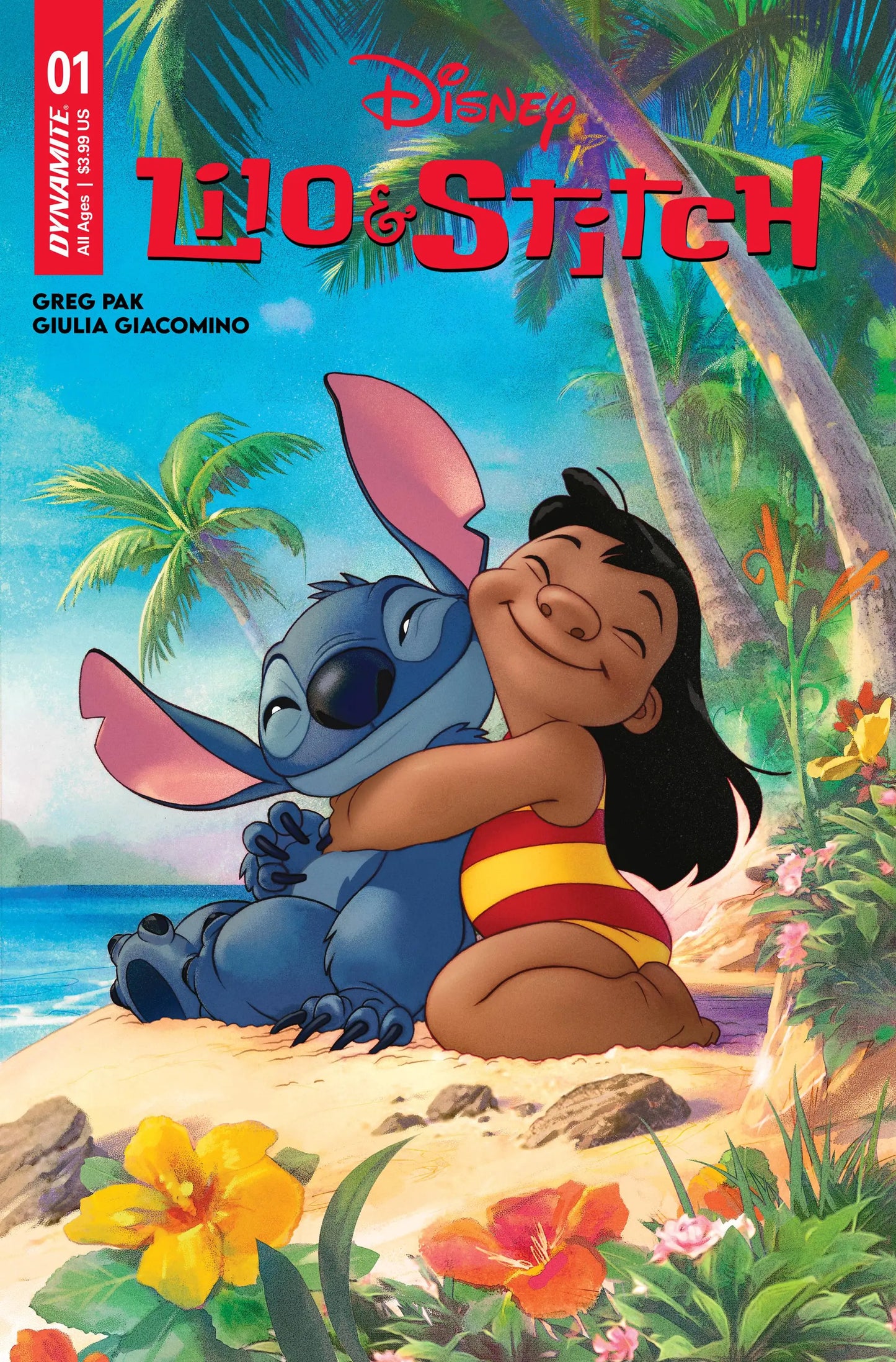 Comic book cover for Disney’s Lilo & Stitch with characters on beach, perfect for trading cards