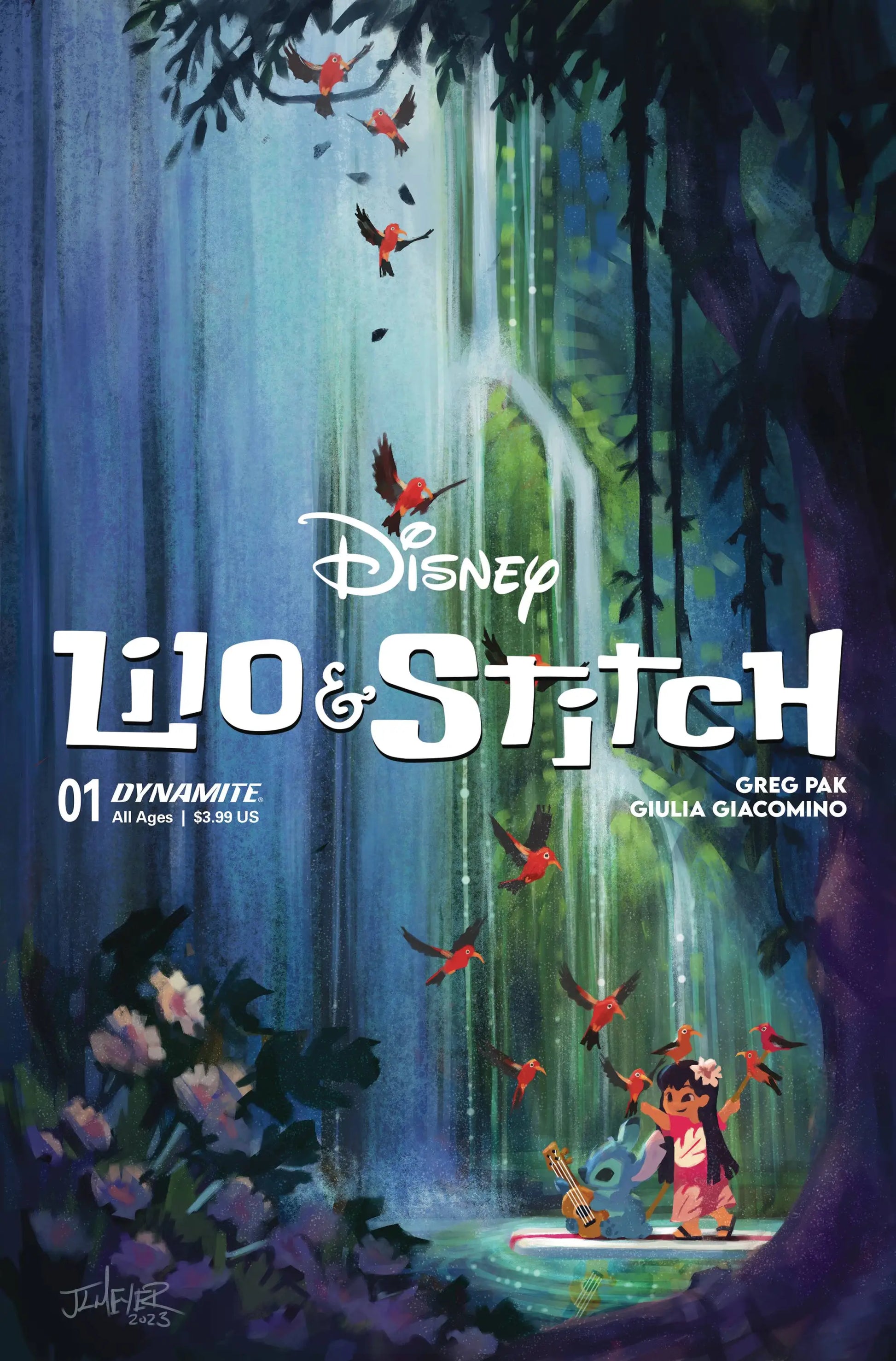 Comic book cover for Disney’s Lilo & Stitch with red butterflies and a silhouetted figure