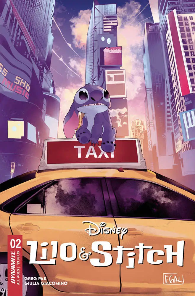 Lilo & Stitch #2 Cover C Galmon features Stitch on a taxi, perfect for trading cards fans