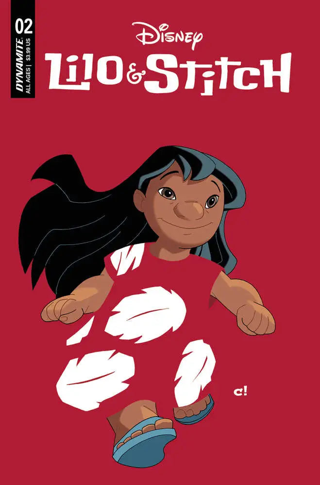 Comic book cover for Disney’s Lilo & Stitch #2 with character in red dress, blue sandals