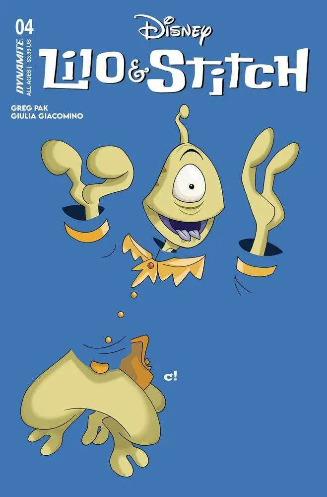 Comic book cover of Lilo & Stitch #4 featuring a yellow cyclops alien character