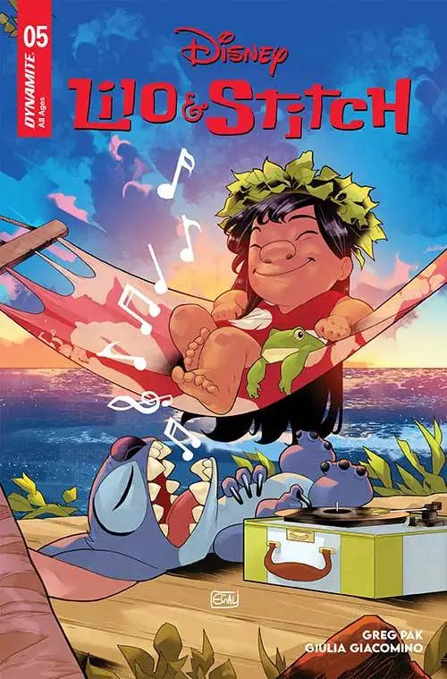 Comic book cover for Lilo & Stitch featuring beach scene and music notes, ideal for trading cards