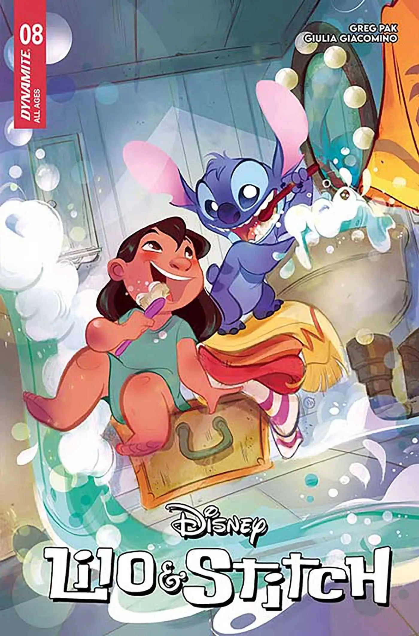 Comic book cover art from Lilo & Stitch featuring playful characters and soap bubbles