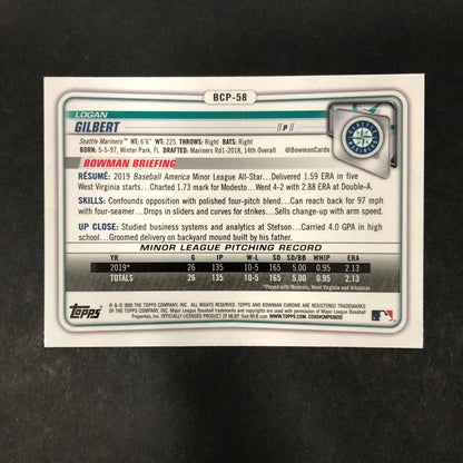 Logan Gilbert Bowman Chrome 2020 #BCP-58 Seattle Mariners baseball card image