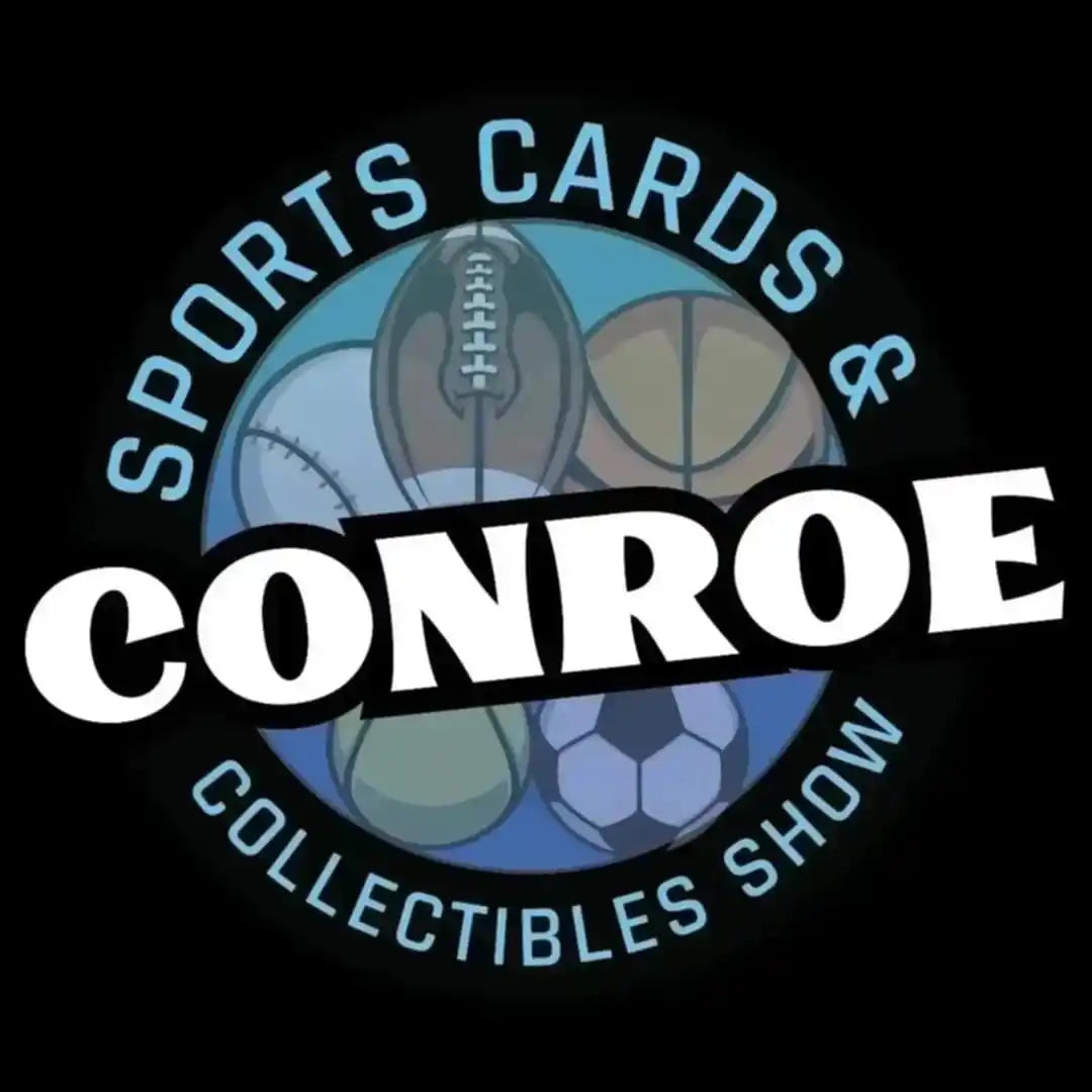 Logo for Conroe Sports Cards & Collectibles Show featuring various sports balls arranged in a circular design.