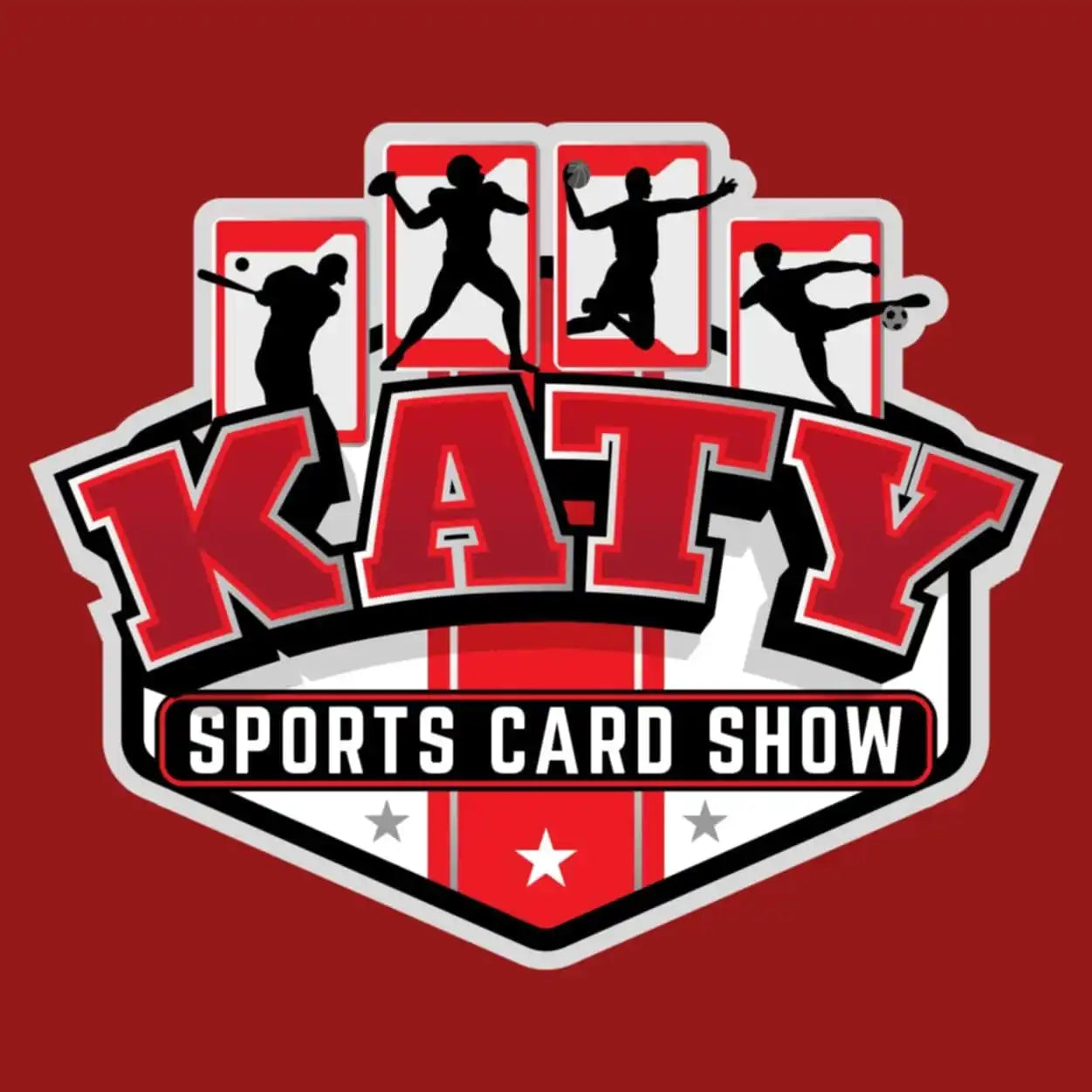 Logo for Katy Sports Card Show featuring silhouetted athletes in red rectangular frames.