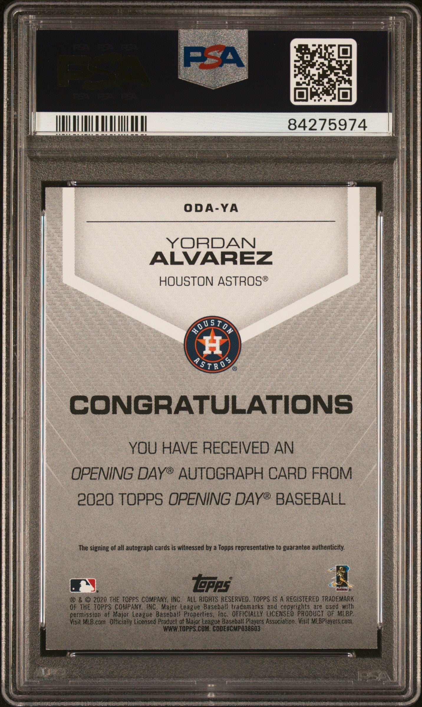 Yordan Alvarez 2020 Topps Opening Day Auto PSA 9 Auto 10