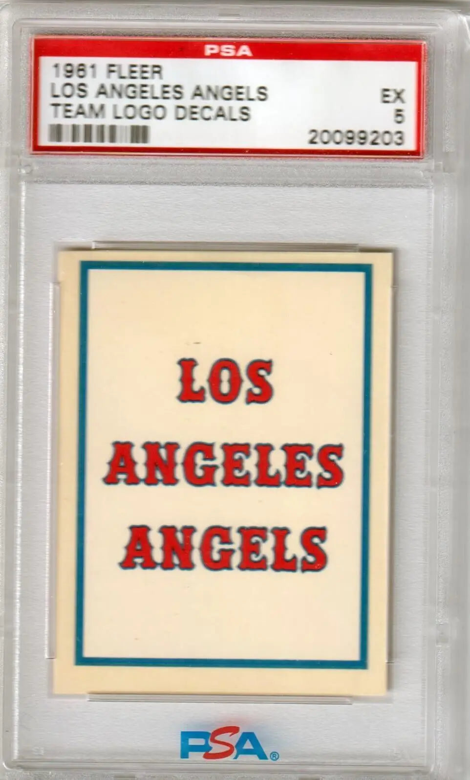 1961 Fleer Los Angeles Angels team logo decal card in PSA 5 EX case from Columbia Hobby