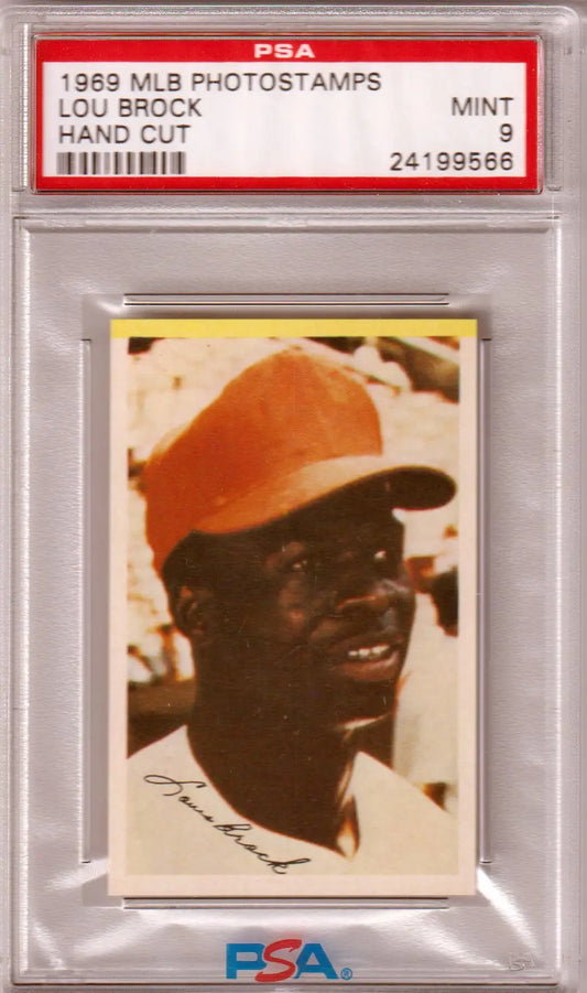 PSA-graded 1969 Lou Brock MLB Photostamp in protective case from Columbia Hobby