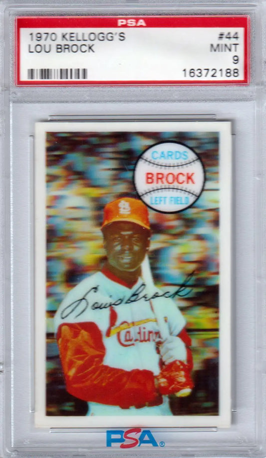 PSA-graded 1970 Kellogg’s Lou Brock baseball card in red for Columbia Hobby trading cards