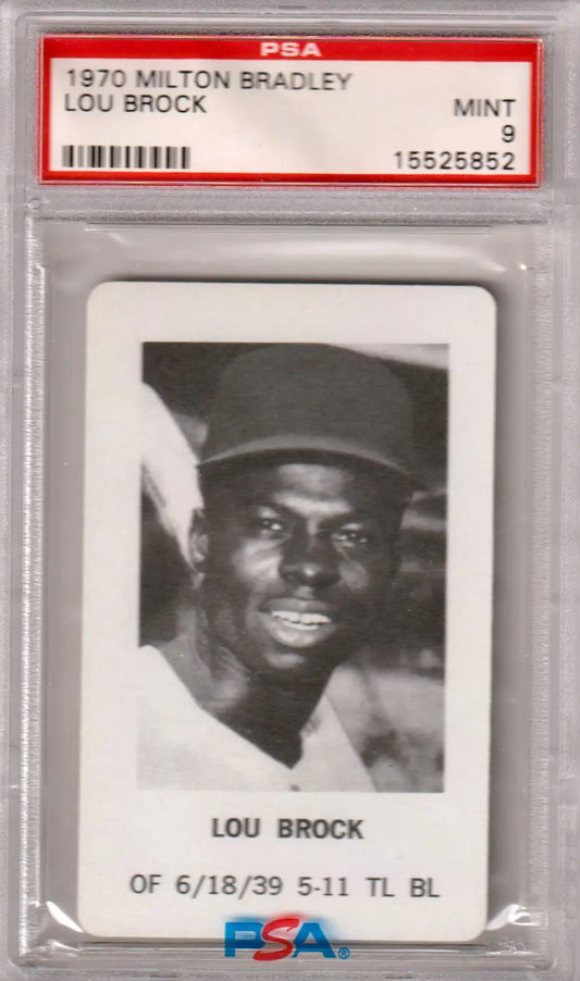 PSA-graded Lou Brock 1970 Milton Bradley baseball card in protective case at Columbia Hobby