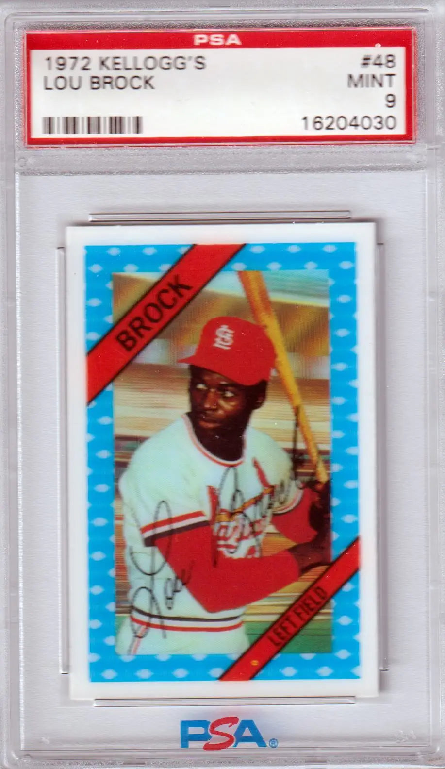 PSA-graded Lou Brock 1972 Kellogg’s baseball card for Columbia Hobby, Cardinals #48