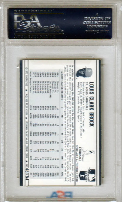 PSA-graded Lou Brock 1972 Kellogg’s #48 trading card in protective case from Columbia Hobby