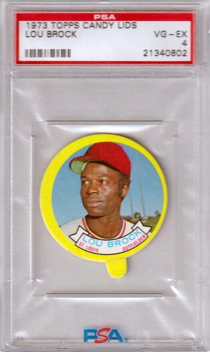 LOU BROCK 1973 Topps Candy Lids in PSA 4 case from Columbia Hobby for Cardinals fans