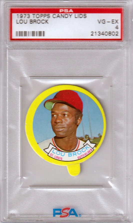 LOU BROCK 1973 Topps Candy Lids in PSA 4 case from Columbia Hobby for Cardinals fans