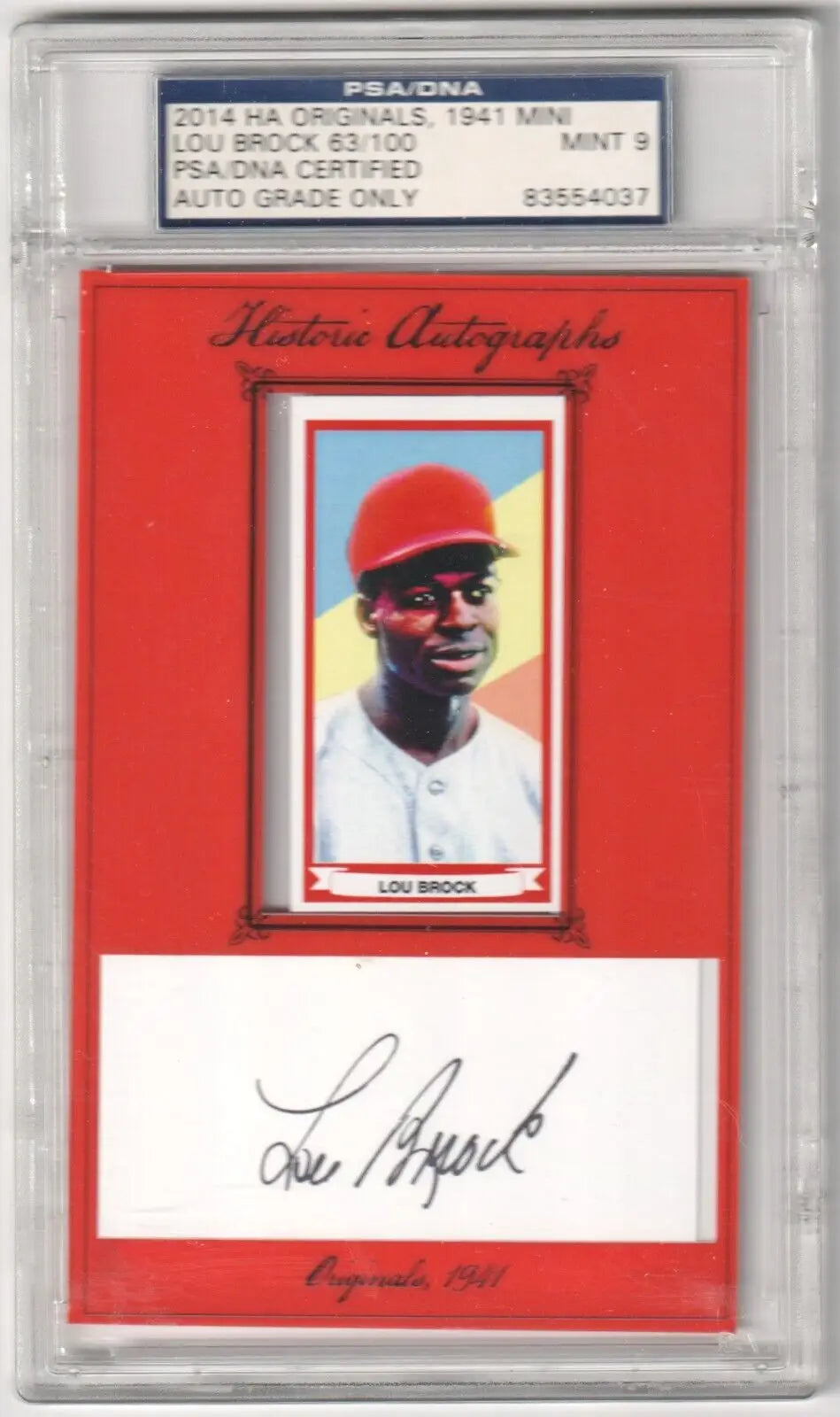 Framed Lou Brock autograph display with red matting, ideal for single cards collectors