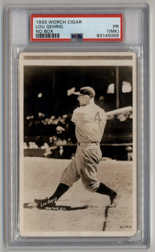 PSA-graded 1933 Worch Cigar Lou Gehrig baseball card in batting stance photo