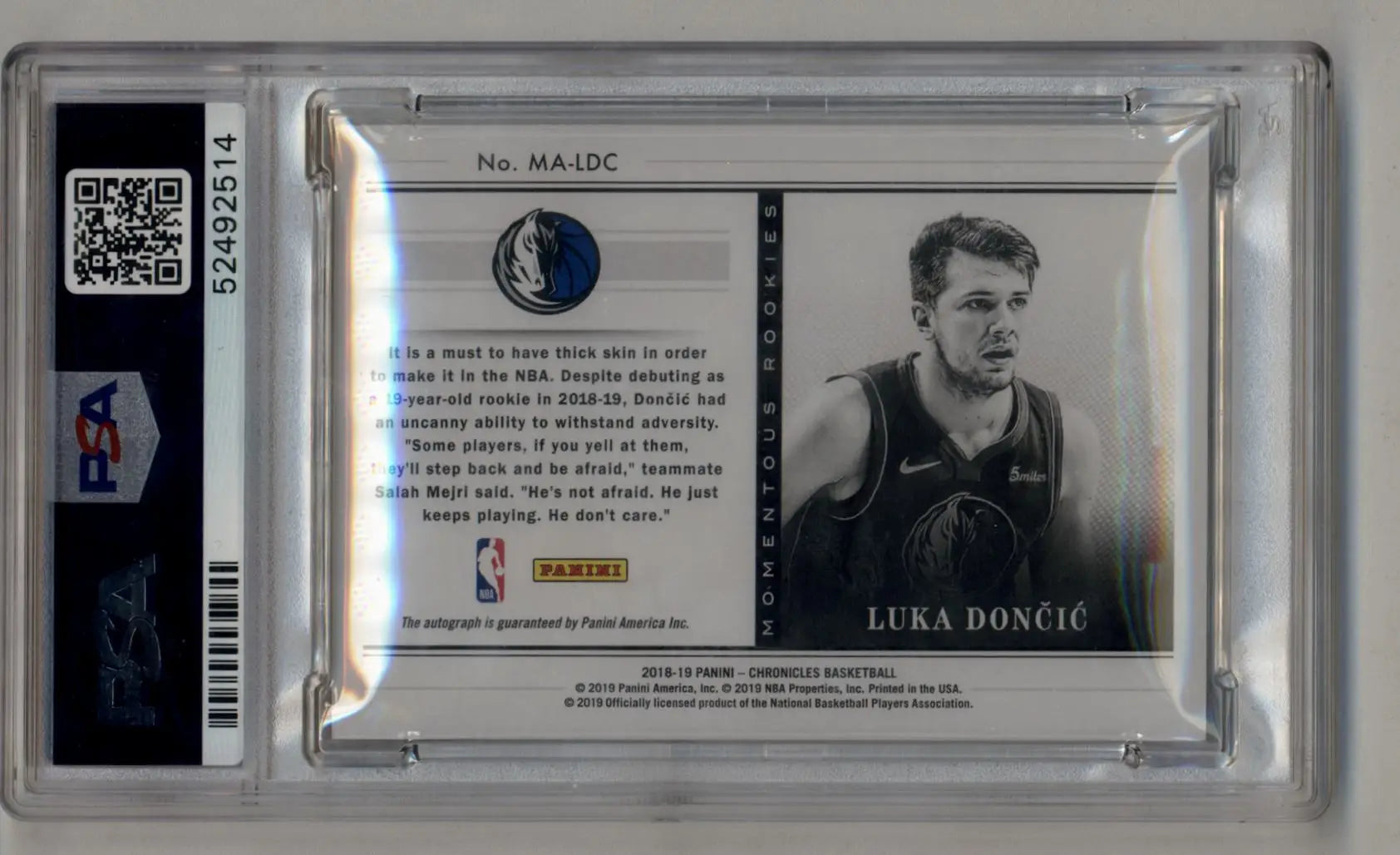 Graded Luka Doncic 2018-19 Chronicles Momentous Rookie Auto in protective case with QR code