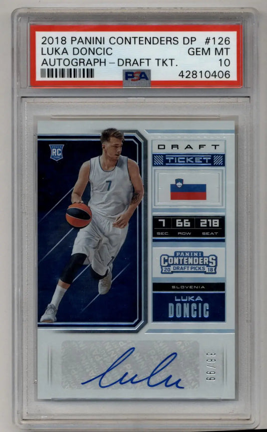 PSA 10 Gem Mint 2018 Panini Contenders Draft Picks Auto featuring Luka Doncic and Slovenia flag