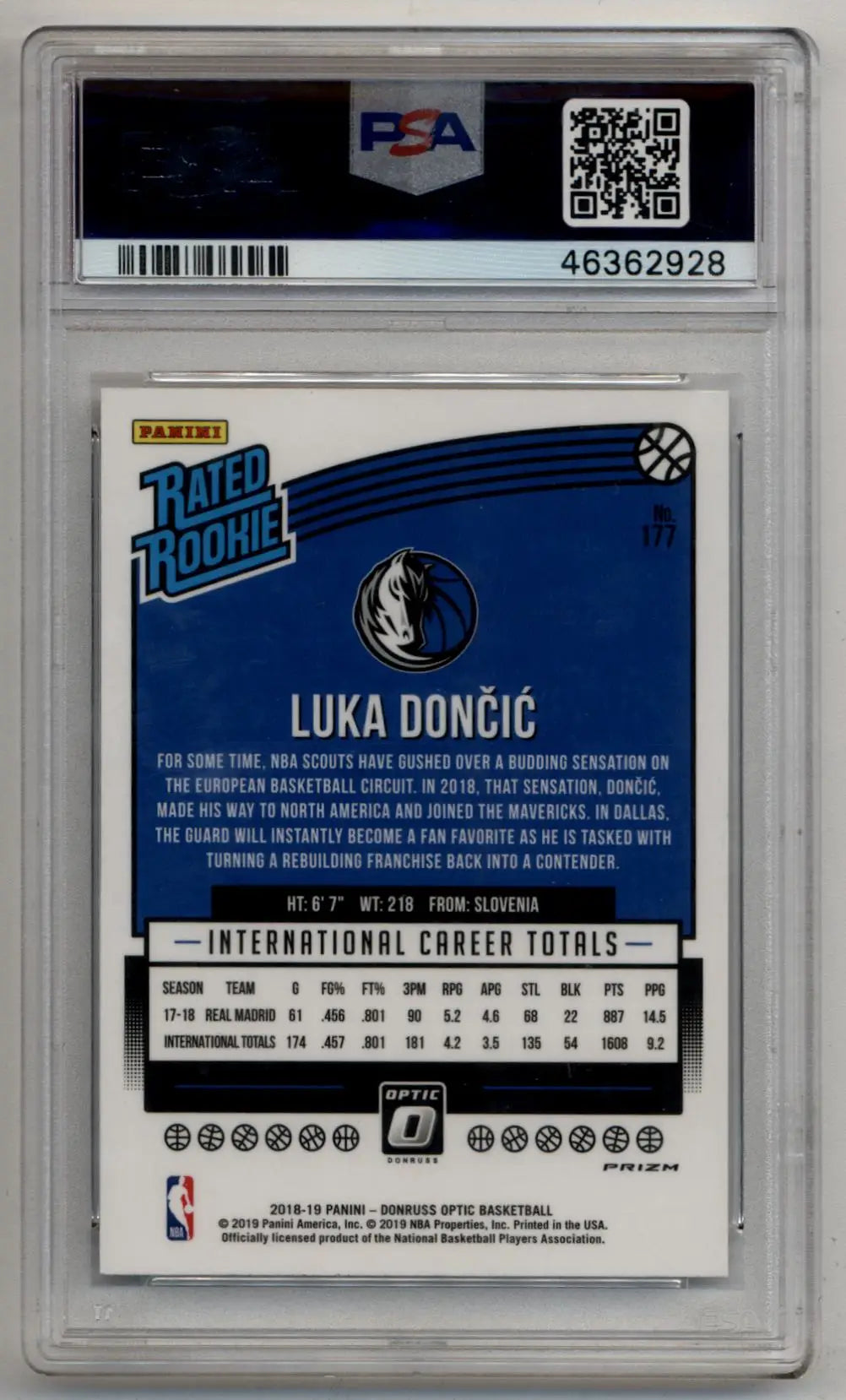 PSA-graded Luka Doncic Donruss Optic Fast Break Holo rookie card back view