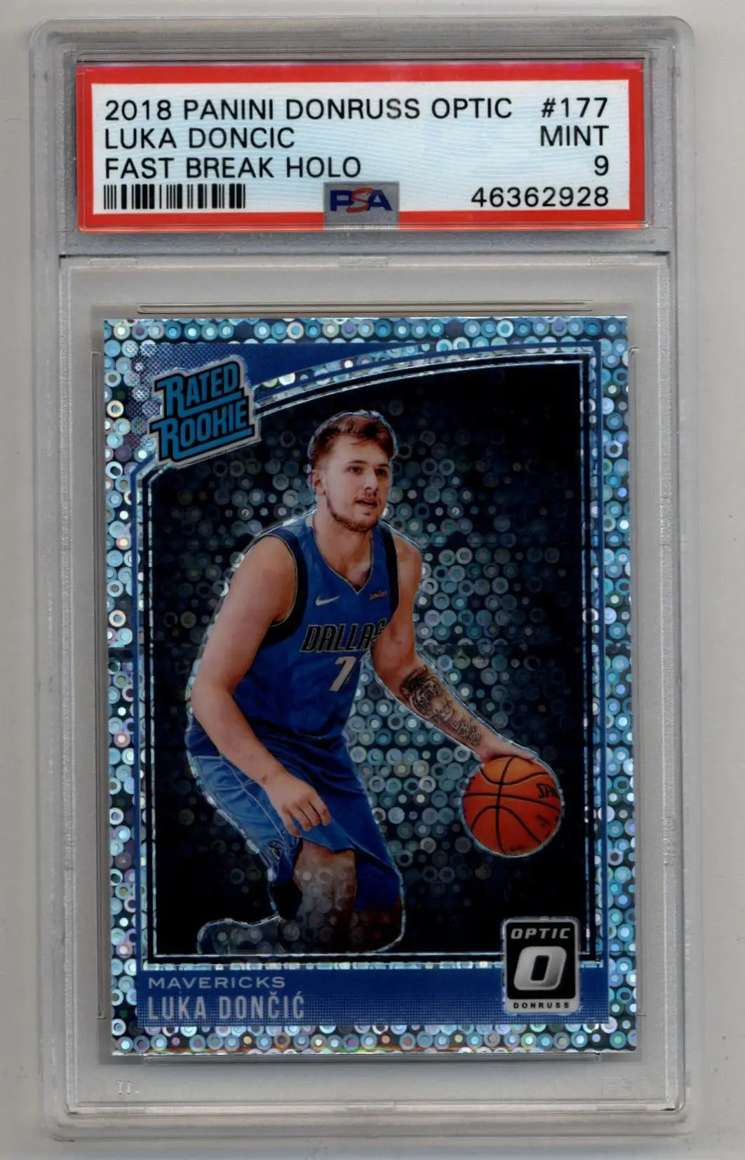 PSA-graded Luka Doncic 2018-19 Donruss Optic Fast Break Holo #177 in mint condition