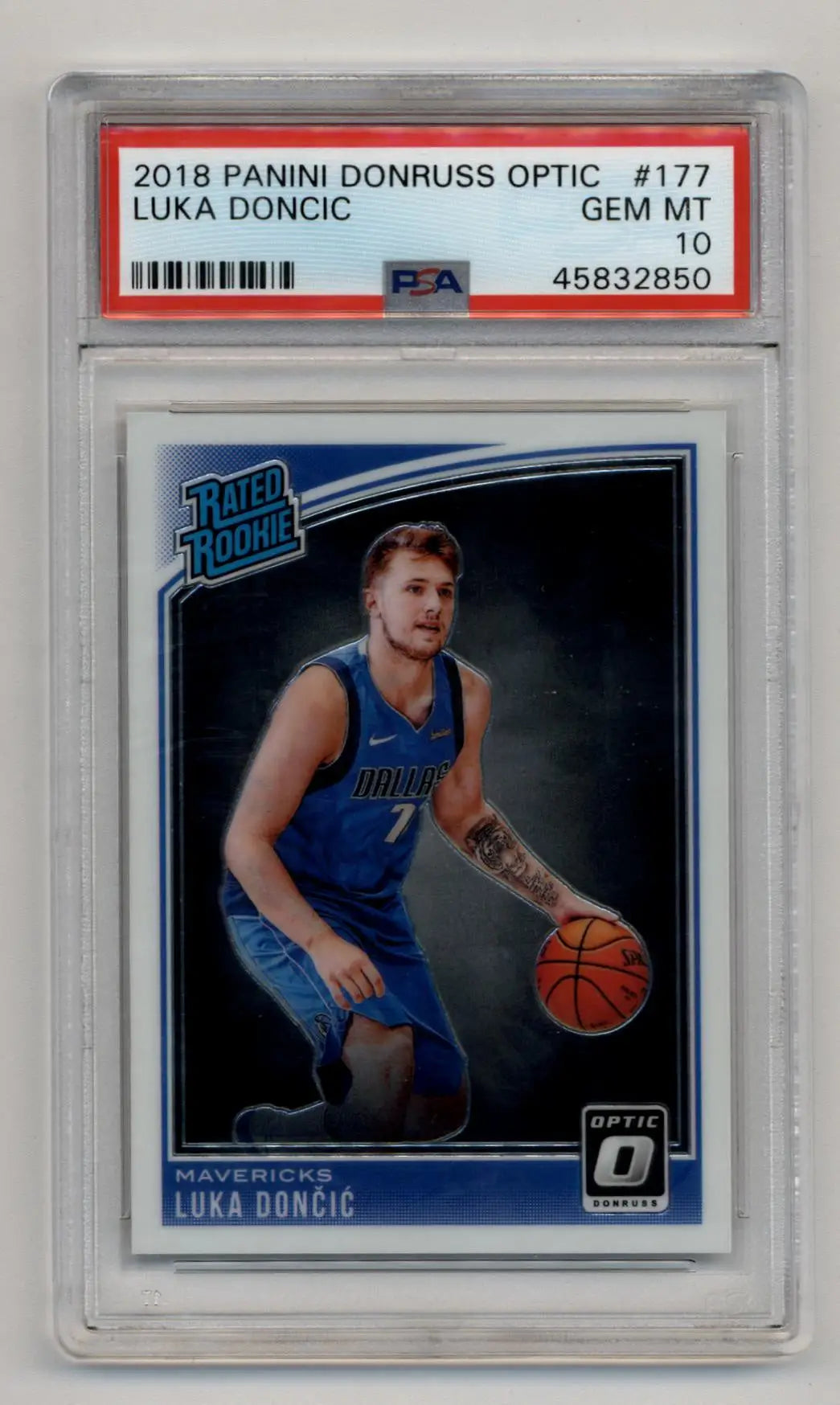 PSA-graded 2018 Donruss Optic Rookie card of Luka Doncic in blue Mavericks jersey