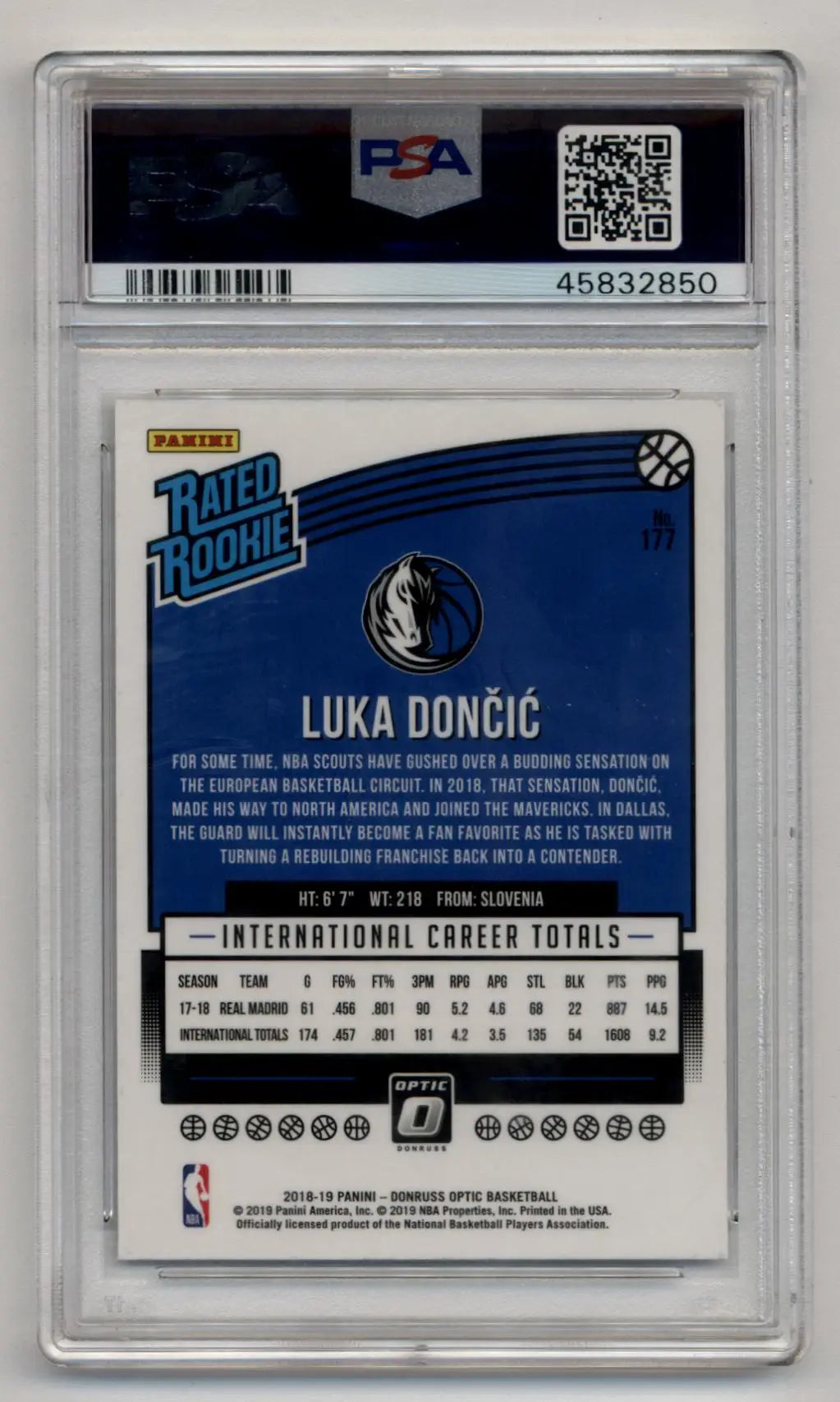 Back of Luka Doncic 2018-19 Donruss Optic Rookie #177 PSA 10 Gem Mint trading card