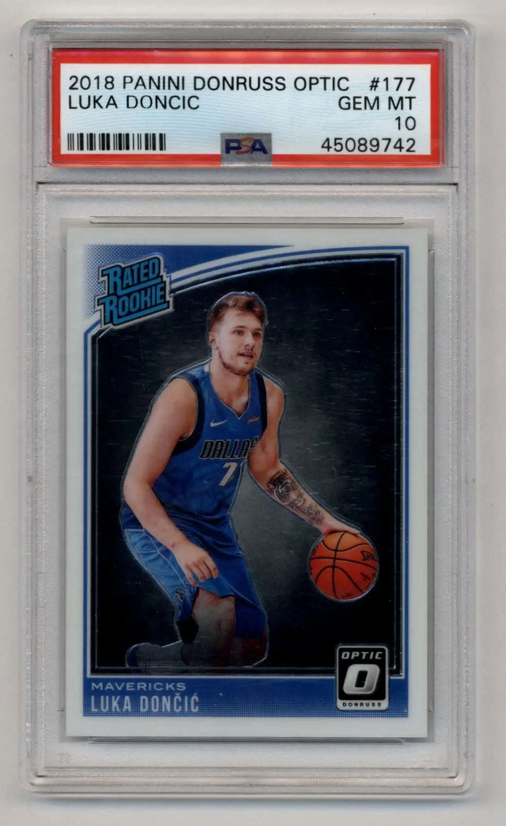 PSA-graded Luka Doncic 2018 Donruss Optic Rookie card in protective case