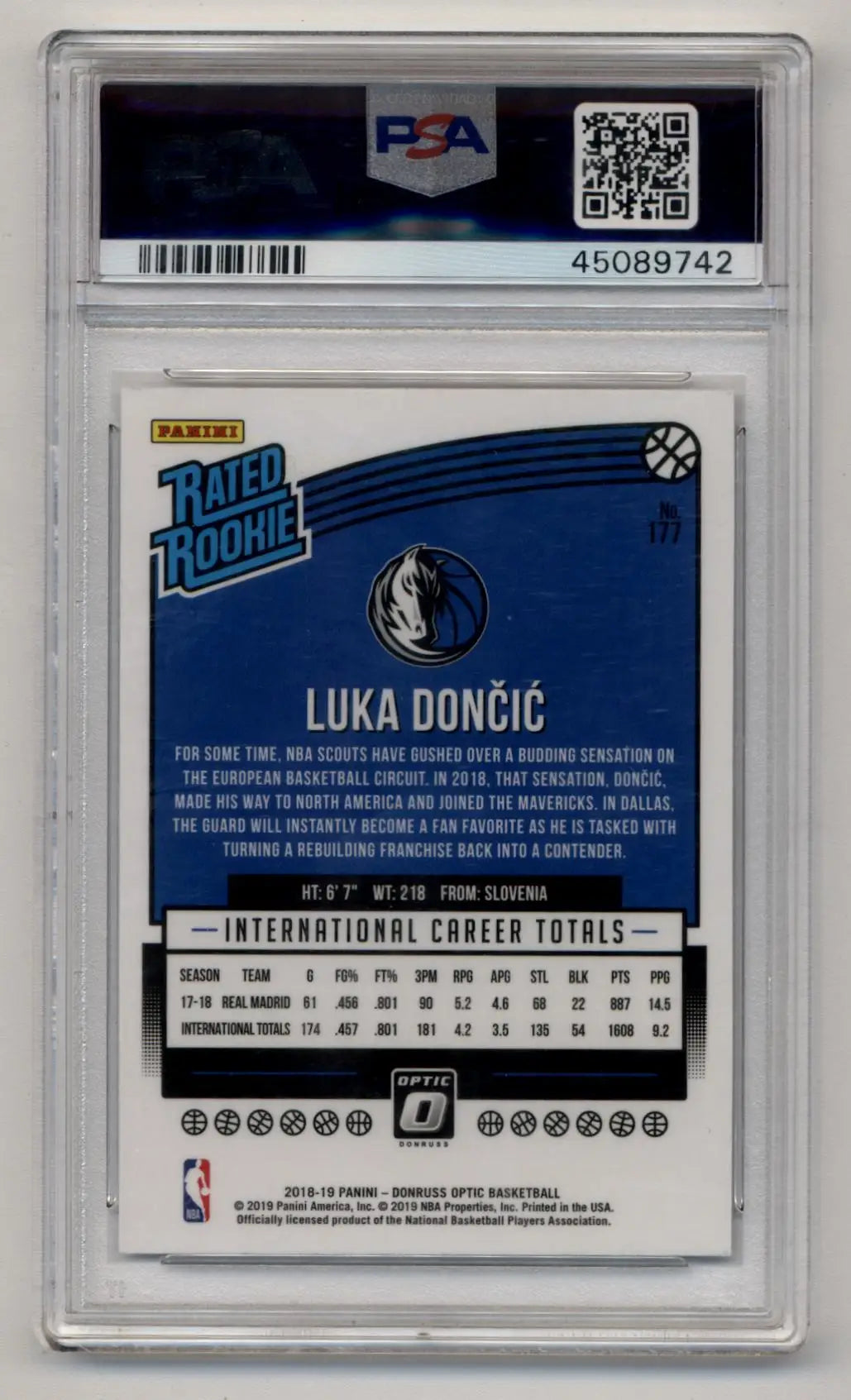 Back of Luka Doncic 2018-19 Donruss Optic Rookie #177 PSA 10 card displaying statistics