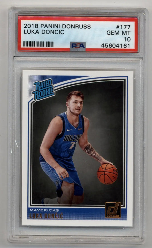 Luka Doncic 2018-19 Donruss Rookie #177 in PSA 10 Gem Mint protective case