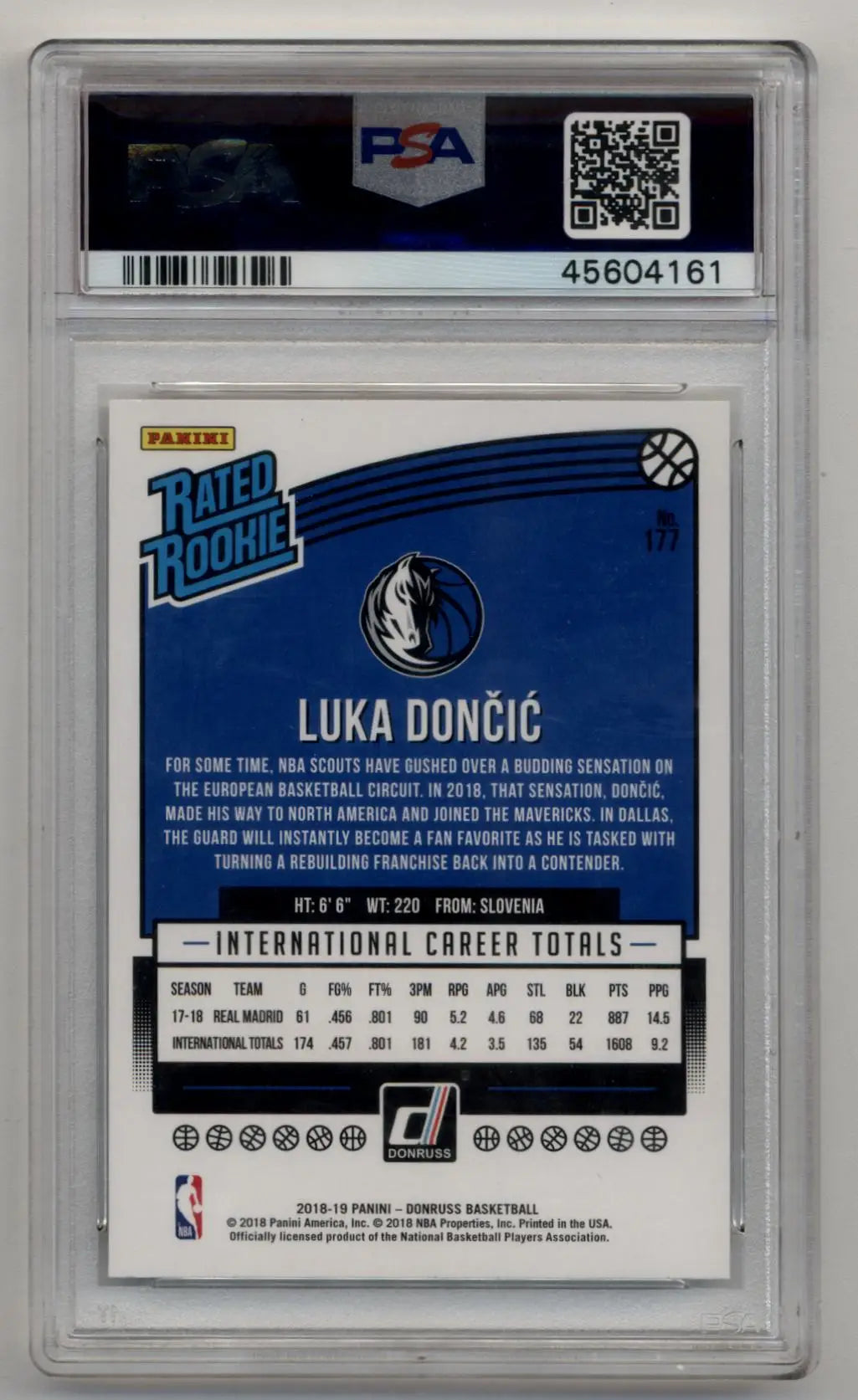 PSA-graded Luka Doncic 2018-19 Donruss Rookie #177 Gem Mint card back with stats