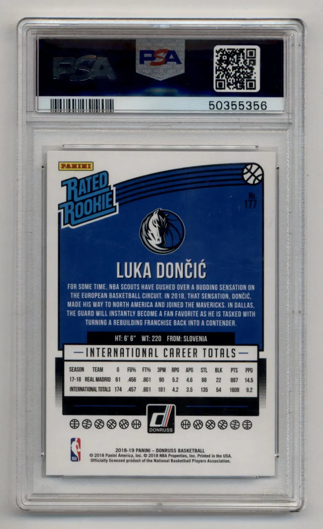 PSA-graded Luka Doncic Donruss Rookie #177 Gem Mint basketball trading card