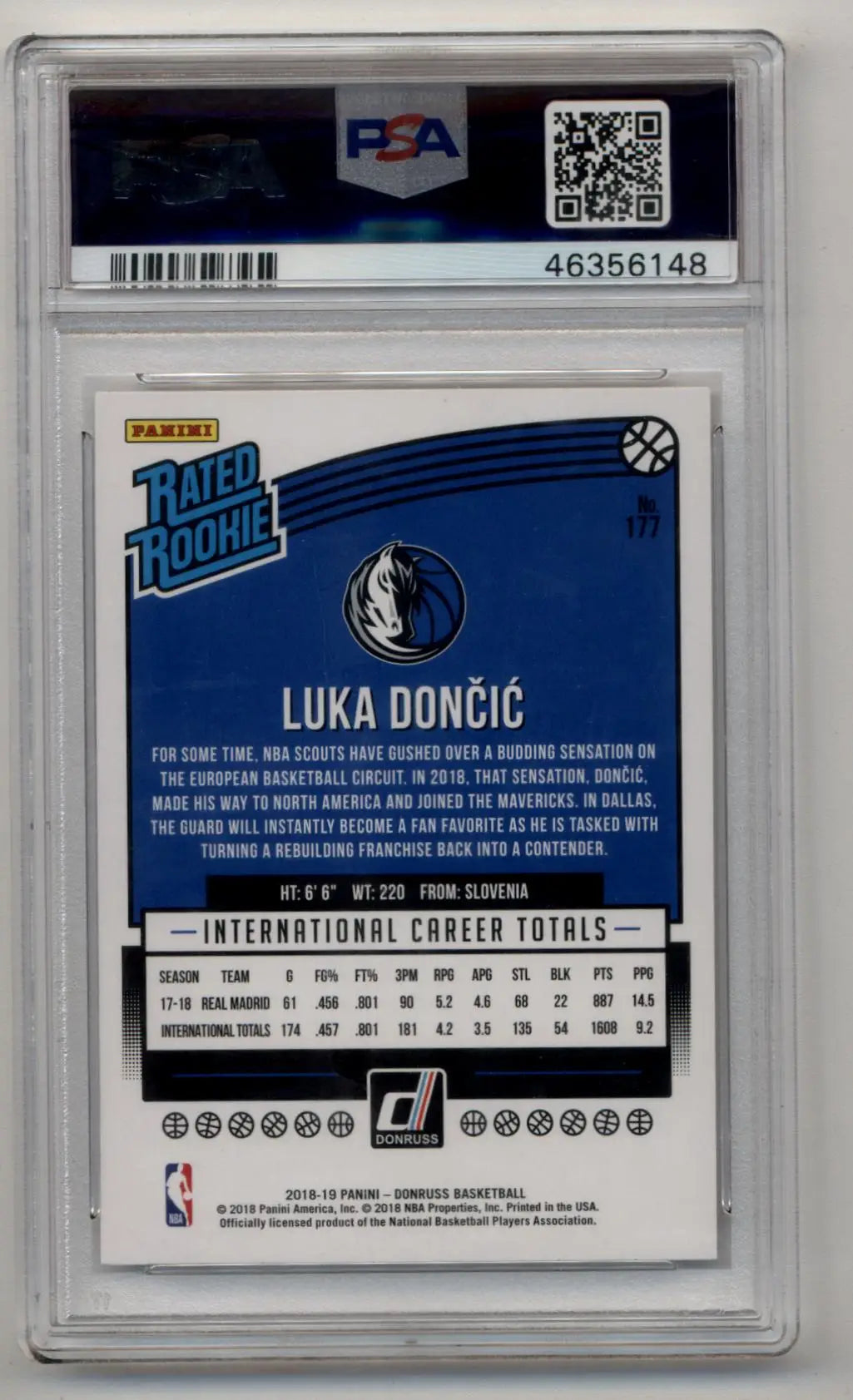 PSA-graded Luka Doncic Donruss Rookie card back displaying player stats and information