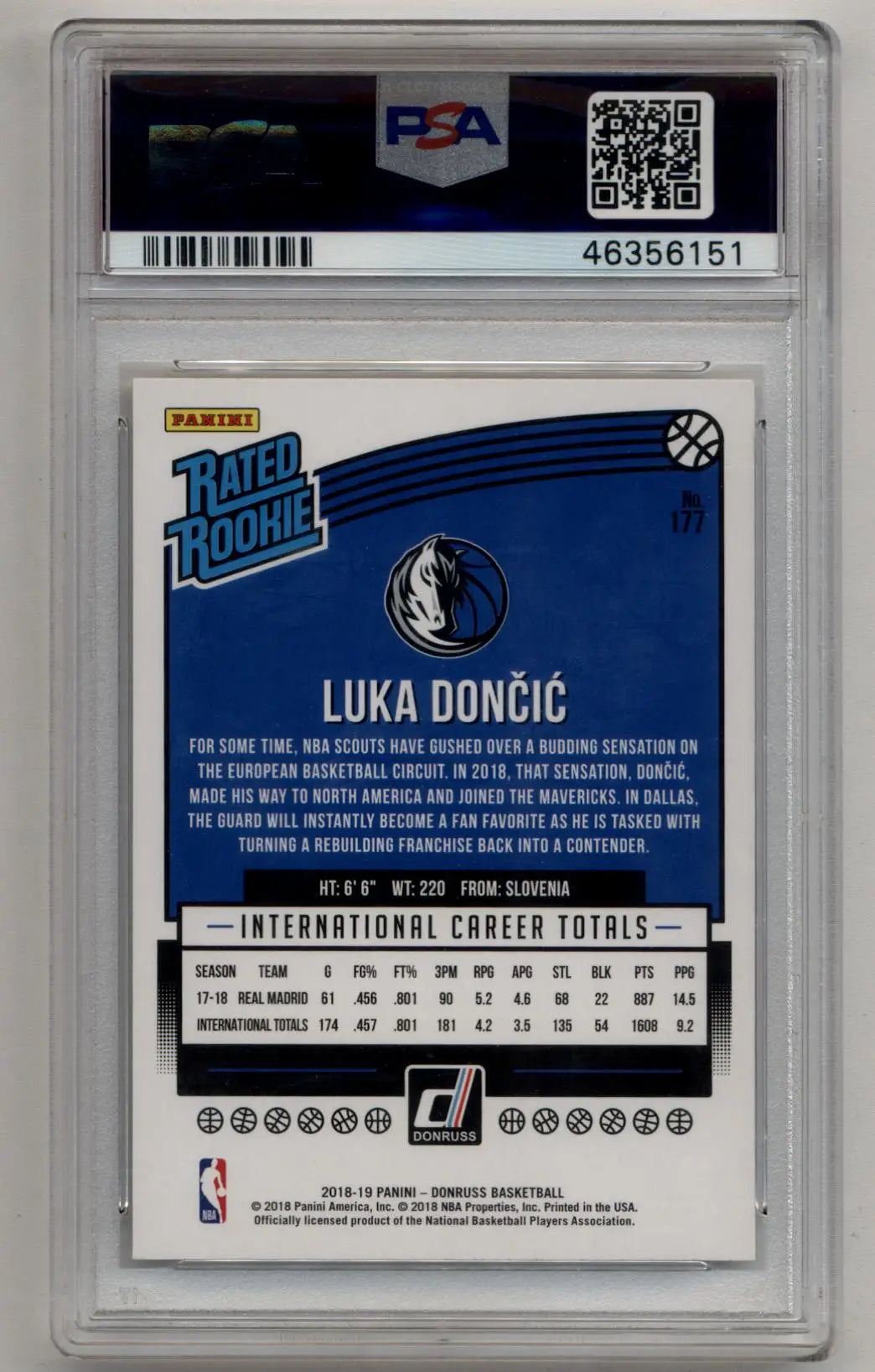 PSA 10 Gem Mint Luka Doncic Donruss Rookie #177 in protective case for collectors