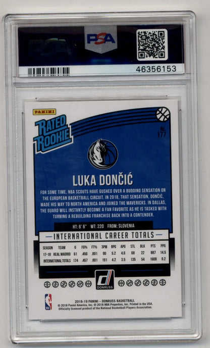 PSA-graded back of Luka Doncic 2018-19 Donruss rookie card, Gem Mint condition